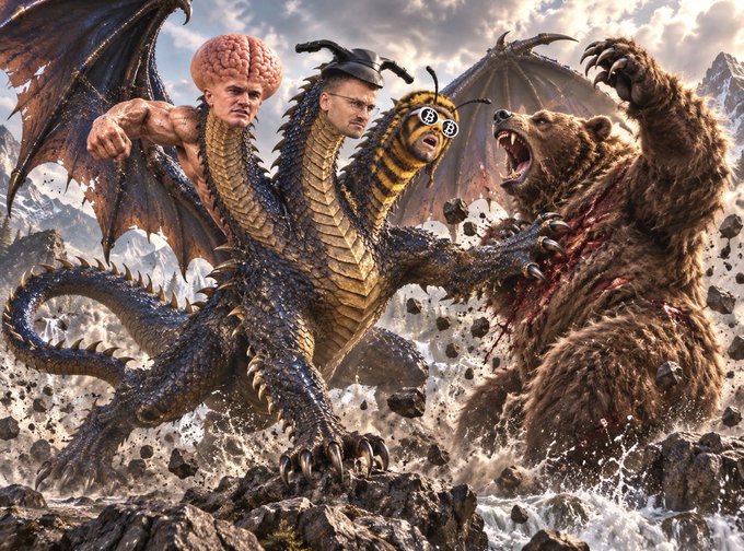A surreal, meme-like AI-generated image depicting a three-headed monster (featuring the faces of Sam Altman, a man in a fedora, and a caterpillar) battling a roaring grizzly bear in a mountainous landscape.