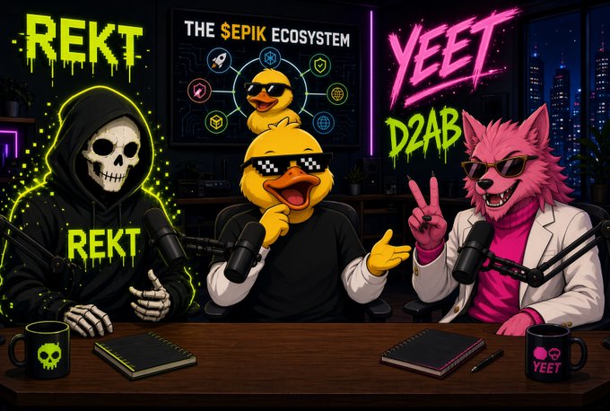 A colorful, stylized illustration of a podcast featuring a grim reaper, three ducks wearing pixel sunglasses, and a pink wolf, with neon text reading 'REKT', 'YEET', and 'D2AB' on a screen titled 'THE $EPIK ECOSYSTEM'.