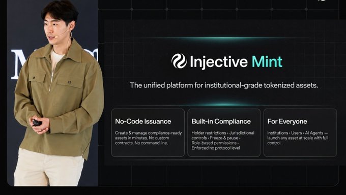A presenter stands beside a presentation slide titled 'Injective Mint,' described as 'The unified platform for institutional-grade tokenized assets,' highlighting 'No-Code Issuance,' 'Built-in Compliance,' and 'For Everyone.'