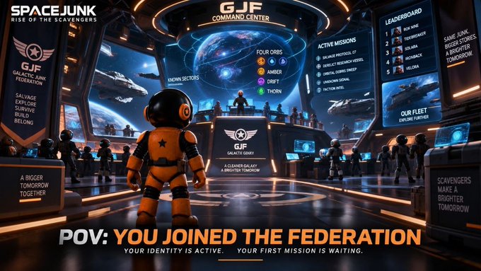 A sci-fi themed graphic showing a Galactic Junk Federation Command Center with an astronaut, a holographic Earth, leaderboards, and the text 'POV: YOU JOINED THE FEDERATION' at the bottom.