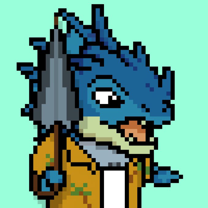 A pixel art illustration depicts a blue-haired character with large eyes wearing a brown coat and holding a weapon.
