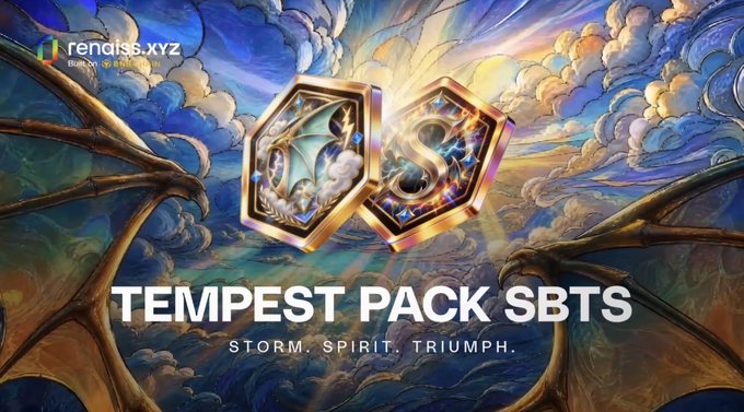 A vibrant fantasy-style promotional banner for 'rendiss.xyz' advertising a 'TEMPEST PACK SBTS' collection with the tagline 'STORM. SPIRIT. TRIUMPH.' featuring two hexagonal NFT icons against a dramatic sky background with dragon-like wings.