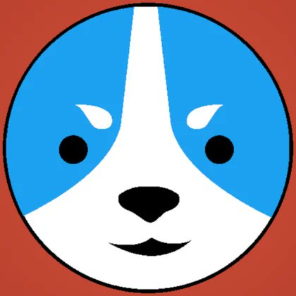 A stylized cartoon logo of a husky or similar dog face in blue, white, and black, set against a solid red-orange background.