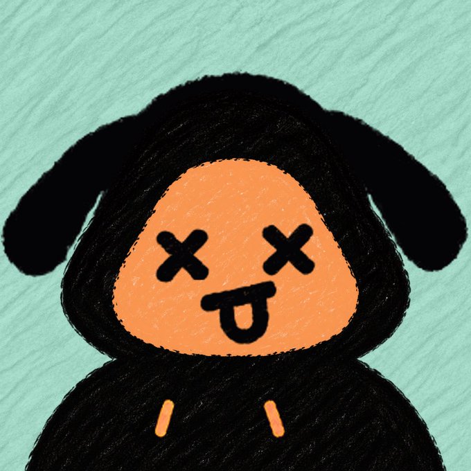 A digital drawing of a cartoon character with black hair/ears, an orange face with X eyes, and a tongue sticking out against a mint green background.