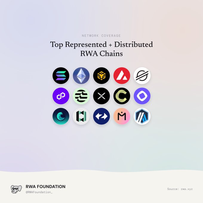 An RWA Foundation graphic titled 'Network Coverage: Top Represented + Distributed RWA Chains' displaying logos of 15 blockchain networks, sourced from rwa.xyz.