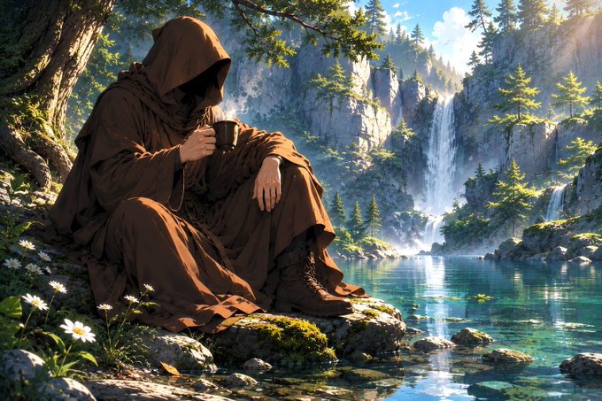 A hooded figure in brown robes sits on a mossy rock by a clear blue lake, holding a cup, with a waterfall and forest in the background.