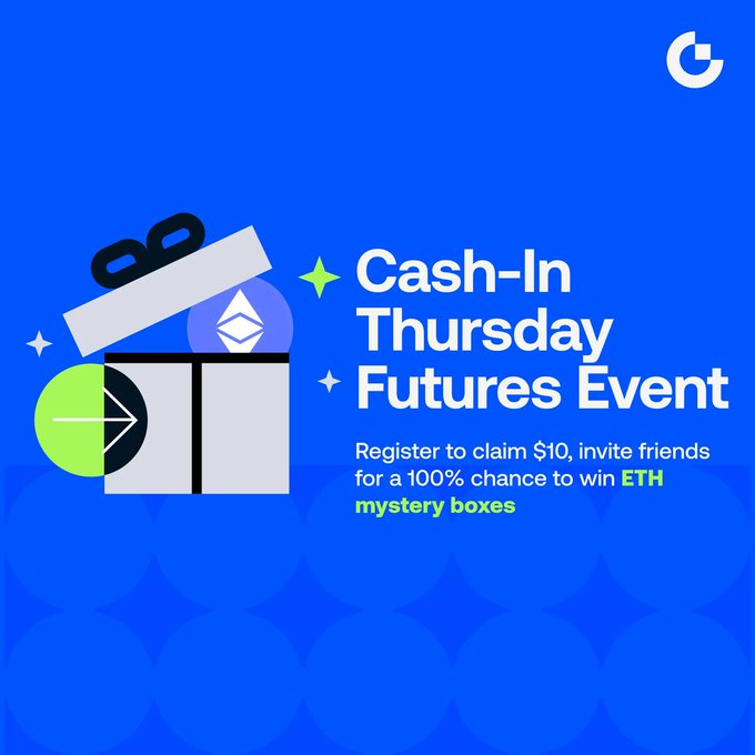 Promotional graphic for a 'Cash-In Thursday Futures Event' offering $10 for registration and a chance to win ETH mystery boxes by inviting friends.