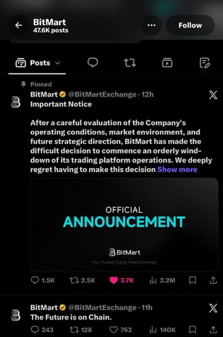 A screenshot of BitMart's X (Twitter) profile shows a pinned "Important Notice" announcing the orderly wind-down of its trading platform operations, accompanied by an "OFFICIAL ANNOUNCEMENT" graphic from "Your Trusted Digital Asset Exchange." The post has 1.5K comments, 2.5K reposts, 3.7K likes, and 2.2M views, illustrating the kind of exchange shutdown outcome the accompanying post warns Bybit against.