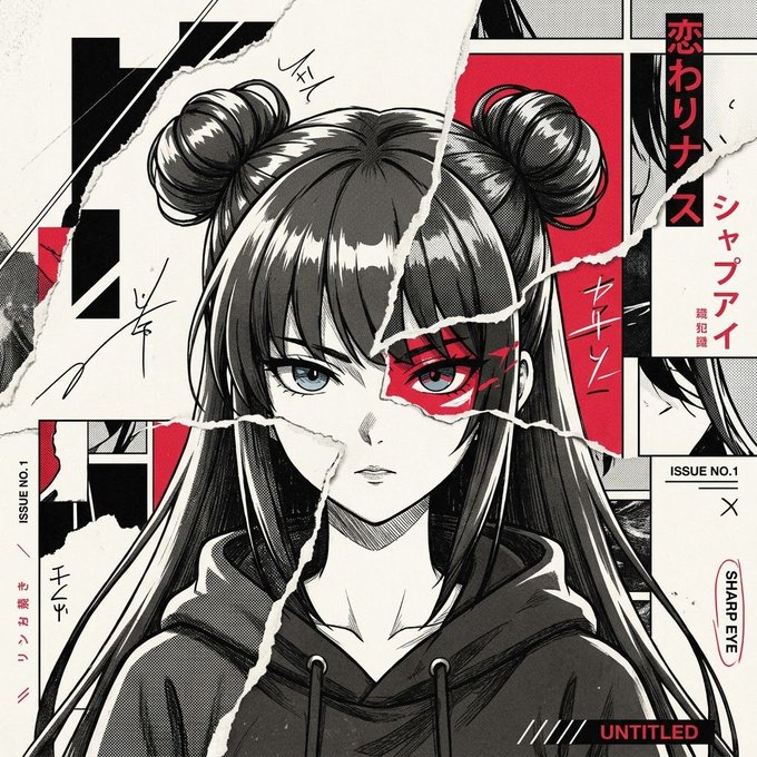 An anime-style illustration of a girl with twin buns and long dark hair, featuring a striking red mark over her left eye, set against a ripped paper background with Japanese text including 'ISSUE NO.1' and 'SHARP EYE'.