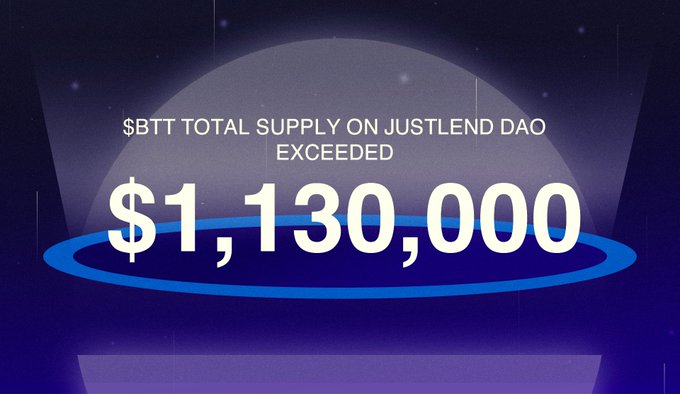 The image features an illustration of a blue circle with dollar signs inside that are positioned at the top left corner of the image, and it displays the message "$$BTT Total Supply On JustLendDAO exceeds $1.13M on #JustLendDAO".