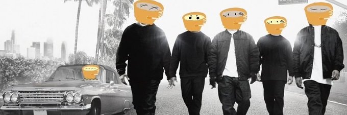 A black-and-white photo of five men walking in a line past a vintage car, with their faces obscured by yellow emoji masks, and one additional figure wearing a smiley mask leaning against the car in the background.