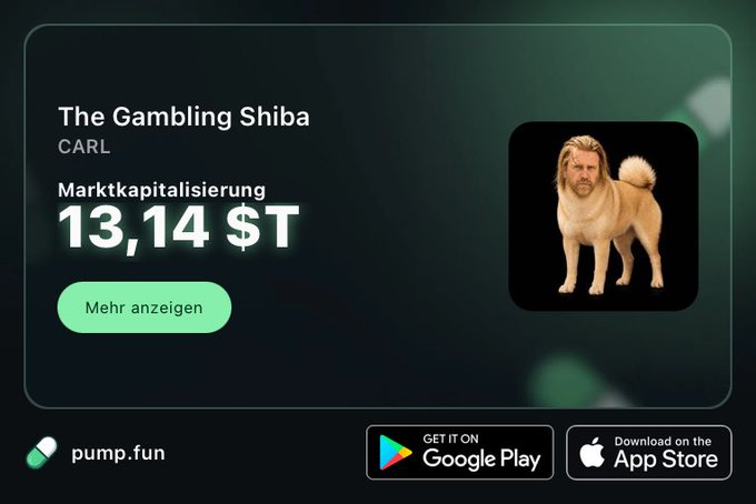 Mobile app screen from pump.fun displaying 'The Gambling Shiba' (CARL) token with a market capitalization of 13.14 $T, featuring a meme image of a Shiba Inu dog with a human face.