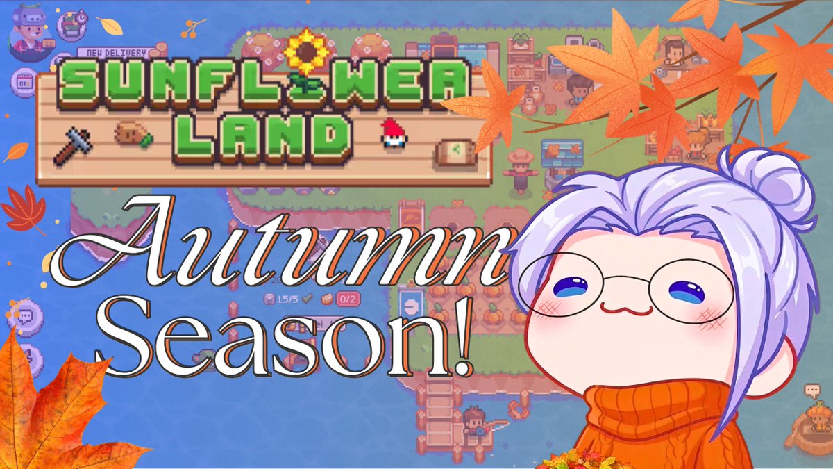 Promotional graphic for 'Sunflower Land' announcing 'Autumn Season!', featuring a pixel art game screenshot, orange maple leaves, and a chibi character with white hair and glasses wearing an orange turtleneck.