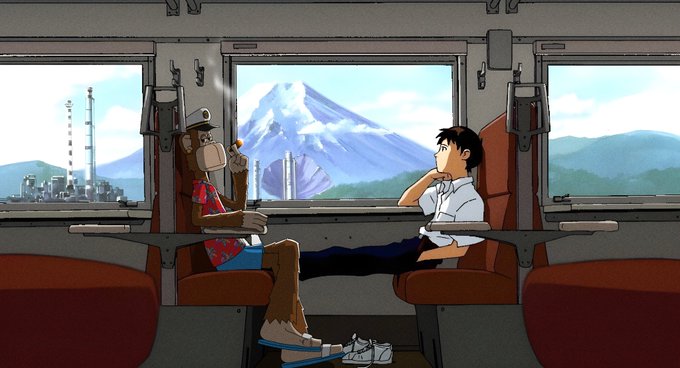 An animated scene of two characters sitting across from each other on a train, with a large snow-capped mountain visible through the window between them.