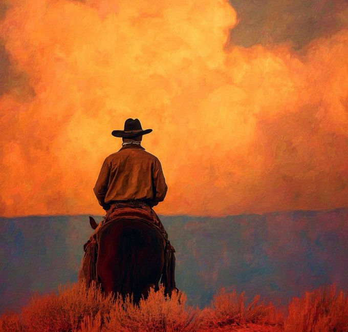 A lone cowboy on horseback gazes out over a vast landscape bathed in the golden glow of sunset, embodying the rugged individualism and contemplative vigilance the post celebrates in Bitcoin's growing community of self-sovereign plebs. The image evokes the frontier spirit of those staking out new territory and critically questioning authority, much like early adopters examining the mining pool centralization threat.