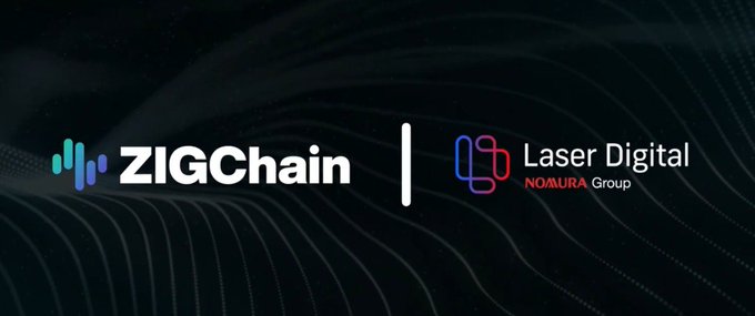 A digital banner with a dark wavy background displays the 'ZIGChain' logo on the left and 'Laser Digital NOMURA Group' logo on the right, separated by a vertical line.