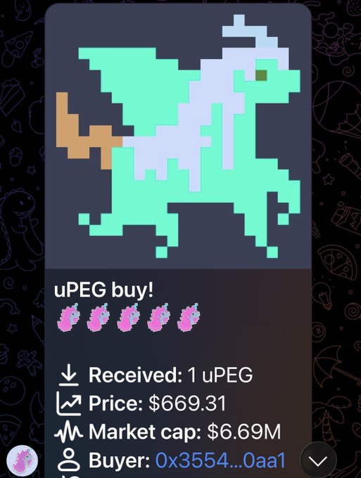 This image depicts a pixelated unicorn representing a "uPEG buy!" for $669.31, with a market cap of $6.69M and received quantity of 1 uPEG. The accompanying post "1 $UPEG and a dream." likely refers to this digital asset transaction as a hopeful or aspirational purchase.
