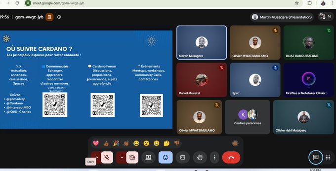 A Google Meet video call interface shows a presentation slide titled "OÙ SUIVRE CARDANO ?" (Where to follow Cardano?) listing X/Twitter, Communities, Cardano Forum, and Events as platforms, with several participants visible in the side panel including "Martin Musagara (Présentation)" and "BOAZ BANZU BALLIME".