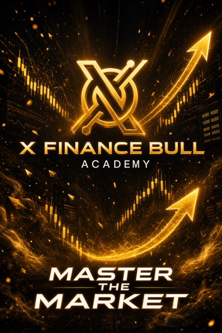 The image is a promotional graphic for "X Finance Bull Academy" featuring a golden bull-themed logo with the tagline "Master the Market," set against a dark background with upward arrows and financial chart elements symbolizing growth and market success. This visually reinforces the post's message about the Academy as a starting point for learning Web3, blockchain, and financial evolution, presenting it as a path to mastering modern finance.