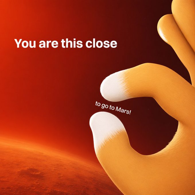 A promotional image featuring a close-up of a furry cartoon hand with just a small gap between the thumb and index finger, accompanied by the text 'You are this close to go to Mars!' against a red background showing the planet Mars.