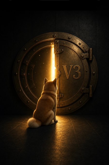 An orange and white Shiba Inu dog sits facing a large, ornate metal vault door marked 'V3' with a sliver of golden light shining through its cracked opening.