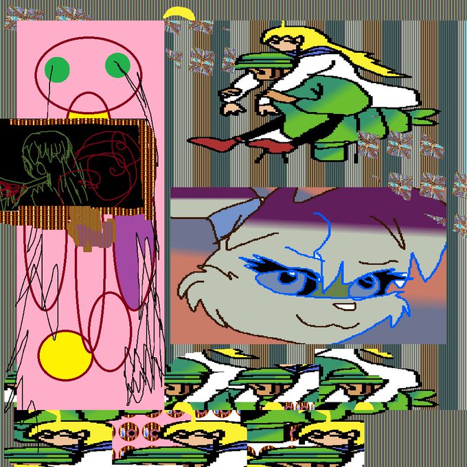 An abstract digital collage featuring repeated pixel-art style figures of a blonde character in green, layered over pink and green backgrounds with glitch-like effects.