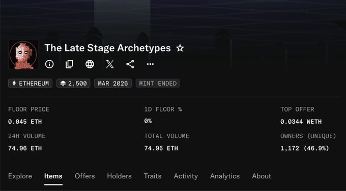 The image displays the NFT collection "The Late Stage Archetypes" on Ethereum, showing a floor price of 0.045 ETH, 24H volume of 74.96 ETH, and 1,172 unique owners (46.9%). It appears to be supporting a social media post about a giveaway opportunity, likely showcasing this collection as an investment or airdrop opportunity for the audience.