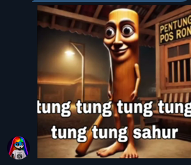 Meme image featuring the 'Tung Tung Tung Sahur' character with large eyes, with the text 'tung tung tung tung tung tung sahur' overlaid and a small shark mascot in the corner.