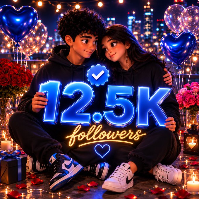 A digital illustration shows a couple embracing with neon text reading '12.5K followers' surrounded by balloons, roses, and candles.