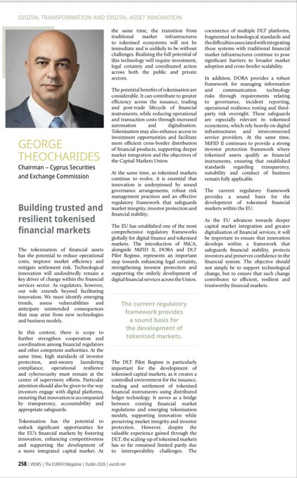 Page 258 of The Euromagazine featuring a digital transformation article by George Theocharides, Chairman of Cyprus Securities and Exchange Commission, titled 'Building trusted and resilient tokenised financial markets'.