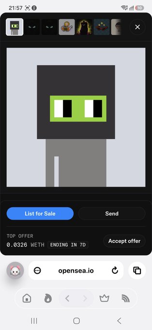 A mobile screenshot showing an OpenSea.io NFT listing page featuring a gray Noun-style character with green goggles on a list for sale, with a top offer of 0.0326 WETH ending in 7 days. This represents the NFT that was purchased and used as a profile picture, as mentioned in the post.