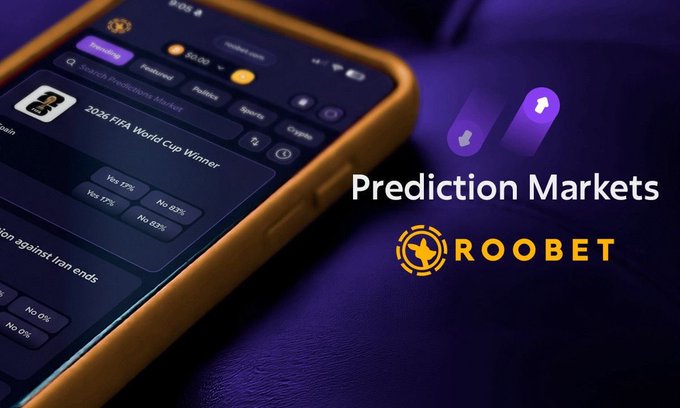A smartphone displays Roobet's Prediction Markets interface, highlighting betting options like the "2026 FIFA World Cup Winner" with percentage odds (Yes 17%, No 82%), alongside the Roobet logo on a purple background—visually connecting to the post's mention of Roobet as a crypto-gaming platform experimenting with prediction-based features.