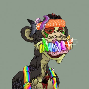 A cartoon-style NFT illustration of a stylized monkey character with rainbow-colored teeth, wearing a fish on its head.
