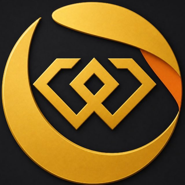 A stylized golden logo featuring an interlocking geometric design with a central diamond shape and curved golden swooshes against a black background.