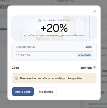 A digital pop-up offering a '+20%' joining bonus and referral code 'coinfoin' for a crypto vault service.