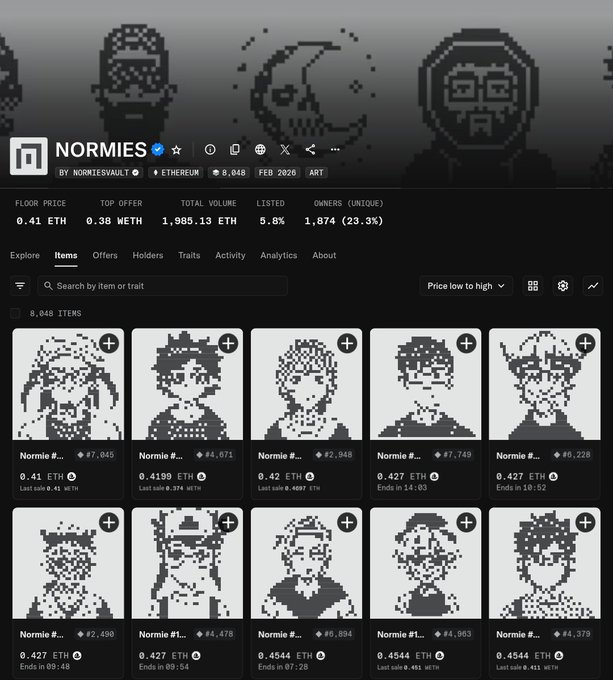 The image displays a computer screen showing various digital art styles and pixelated portraits of people, including the title "NORMIES" displayed above them all with their profiles up for viewing. The main focus appears to be the post that is being shared or viewed, which is titled "NORMIES" as well as "NORMIES HOLDING TAME THE CHILDREN". This suggests a connection between the art styles and pixelated portraits of people, possibly related to a discussion or sharing of digital art among NORMIES artists. It's unclear how this relates to the post on display, but it could be an additional context for viewing or interacting with the content.