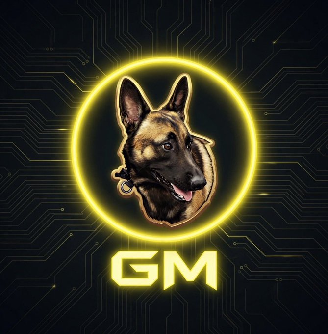 The image features a logo for GM, which stands out against a black background with yellow neon lights. The logo consists of a cartoon dog's head positioned inside a circle that has the word "G" written below it. Below this, there is a line of text that reads "GM @ cz_binance Please bring the hype back to BSC". This combination of elements creates an interesting and eye-catching design for the GM logo.