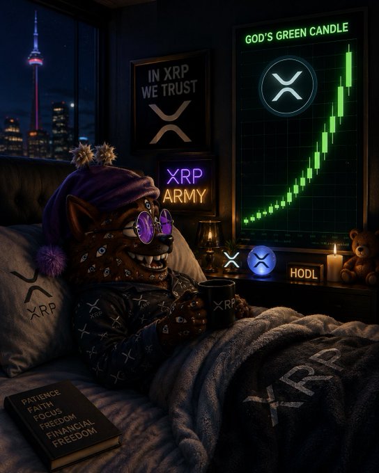An XRP-themed artwork shows a character in pajamas and a nightcap holding a mug, with a chart reading "GOD'S GREEN CANDLE" alongside XRP logos and signs stating "IN XRP WE TRUST", "XRP ARMY", and a book titled "PATIENCE FAITH FOCUS FREEDOM FINANCIAL FREEDOM".