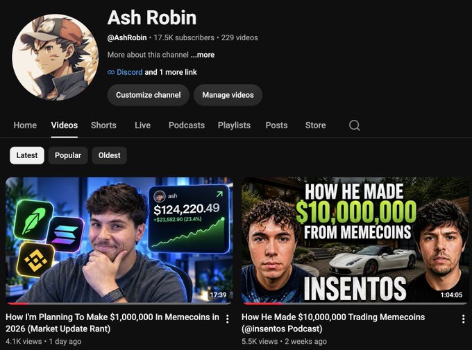 YouTube channel page for Ash Robin (@AshRobin) with 17.5K subscribers and 229 videos, showing videos like "How I'm Planning To Make $1,000,000 In Memecoins in 2026" and "How He Made $10,000,000 Trading Memecoins (@insentos Podcast)."