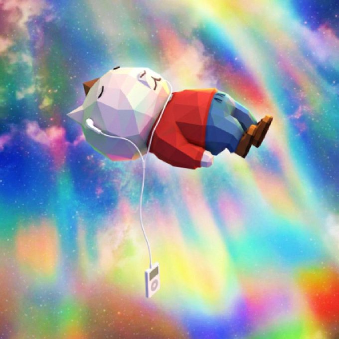 A low-poly cartoon figure floats serenely through a vibrant cosmic swirl, listening to music on white earbuds, as if carried upward by the song's rhythm—visually echoing the boundless, weightless optimism of "higher, forever."