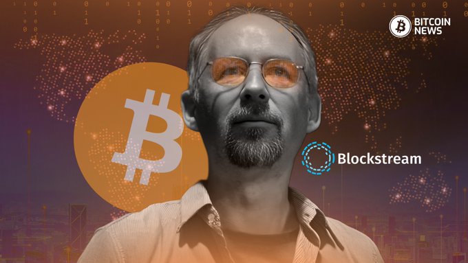 A stylized image features a man with orange-tinted glasses superimposed over a Bitcoin logo and a digital cityscape backdrop, with "Blockstream" branding visible alongside the Bitcoin News logo in the corner, visually tying the report about the Liquid Network's frozen L-BTC peg-outs to Blockstream's role in operating the federation.