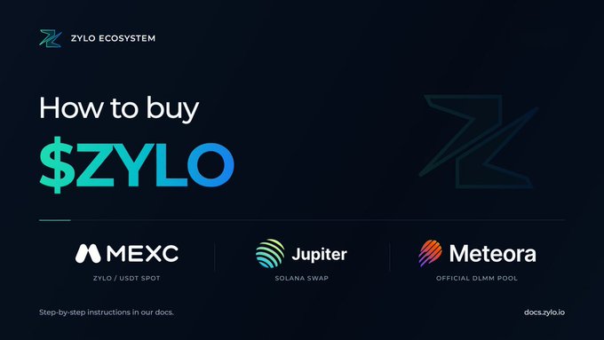 A digital advertisement reads 'How to buy $ZYLO' with the 'ZYLO ECOSYSTEM' logo at the top, listing MEXC, Jupiter, and Meteora as platforms at the bottom alongside 'docs.zylo.io'.