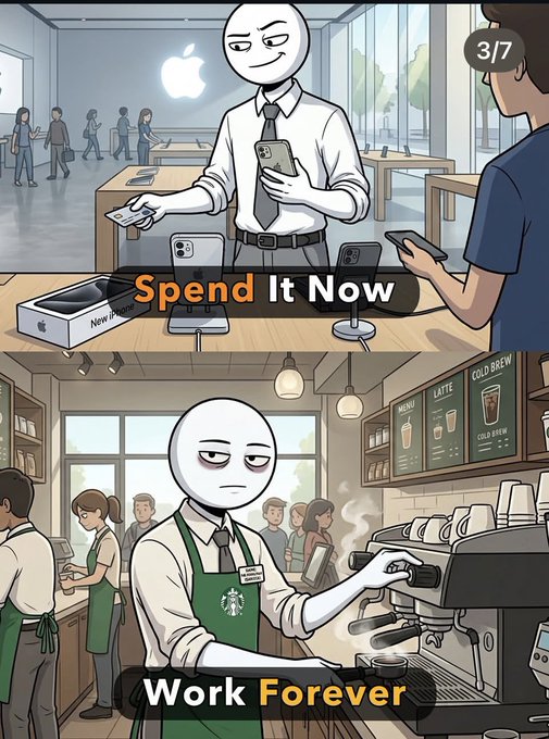 A two-panel meme contrasting 'Spend It Now' (showing a figure in an Apple Store buying an iPhone) with 'Work Forever' (showing a figure in an apron working at a Starbucks).