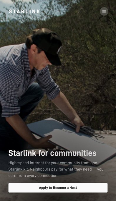 An advertisement for Starlink for communities showing a man installing a Starlink satellite dish outdoors, with text 'Starlink for communities - High-speed internet for your community from one Starlink kit. Neighbours pay for what they need — you earn from every connection' and an 'Apply to Become a Host' button.