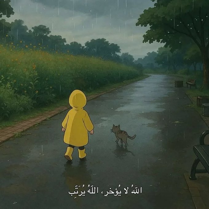 An illustration depicting a child in a yellow raincoat walking down a wet path in the rain alongside a gray cat, accompanied by Arabic text at the bottom.