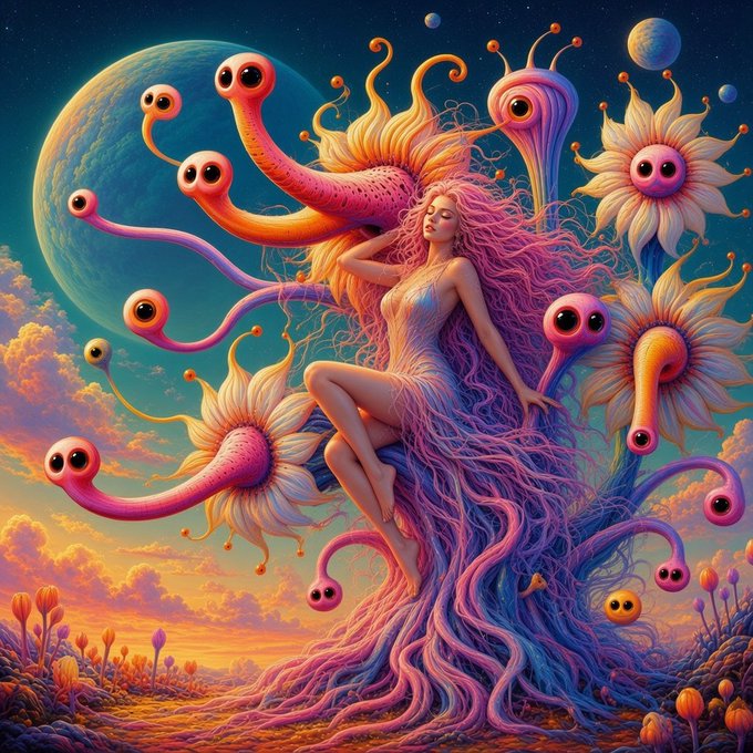 A surreal digital illustration features a woman with flowing pink and purple hair surrounded by large, colorful, eye-stalked flowers against a cosmic backdrop.