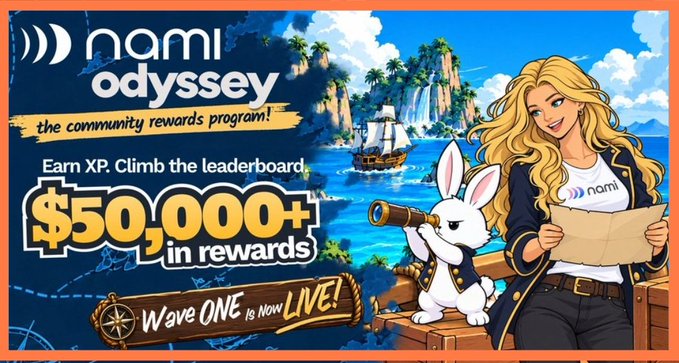 Promotional banner for 'nami odyssey' community rewards program offering '$50,000+ in rewards' with a 'Wave ONE Is Now LIVE!' banner, featuring a cartoon pirate girl and rabbit.