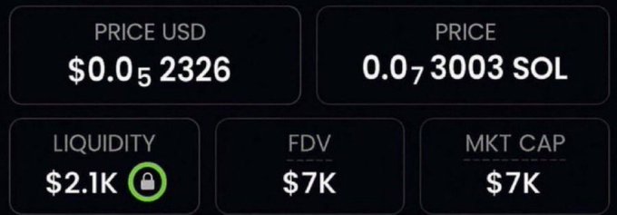 A cryptocurrency tracker displays a token with a price of $0.052326 USD (0.073003 SOL), $2.1K locked liquidity, and both a fully diluted valuation and market cap of $7K—matching the post's claim of an extremely low-cap "gem" coin being promoted as a potential 1000x moonshot to a $10 million market cap.