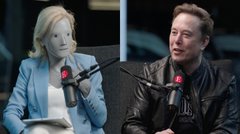 Elon Musk and a white humanoid robot sitting together at a panel with microphones.