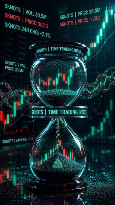 A digital artwork titled 'SKNOTS | TIME TRADING INDEX' features an hourglass with trading candlestick patterns visible inside the glass chambers, surrounded by floating ticker data showing volume and price metrics against a dark background.